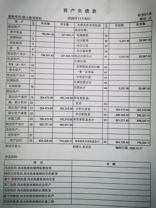 商山镇双桥村2020年度资产负债表_黄山市政务公开